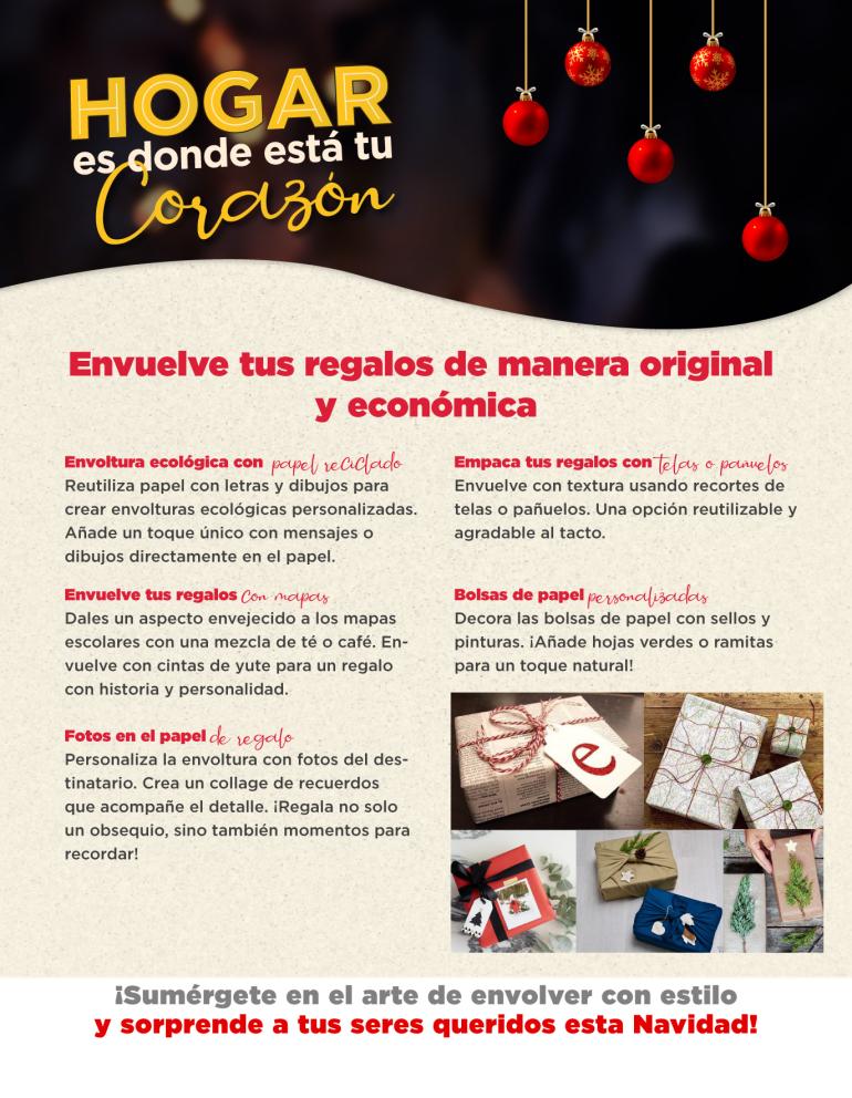 pieza gráfica que muestra cinco ideas creativas para envolver regalos.