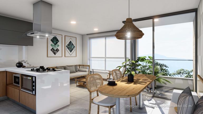 Sala, comedor y cocina en La Riviere, un proyecto sostenible de Coninsa y una tendencia inmobiliaria.